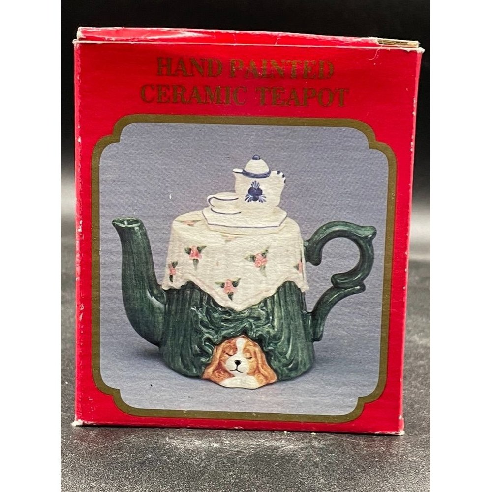 Vintage Antique Table w/Dog Ceramic Teapot Green, White, Blue, Pink, Brown W 4 "